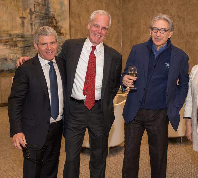 New World Symphony CEO and president Howard Herring (center) with New World Symphony co-founder Michael Tilson Thomas (right) and Joshua Robison, Tilson Thomas’ late husband.